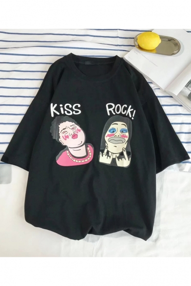 Summer Mens Short Sleeve Round Neck Kiss Rock Letter Figure Printed Funny T-Shirt for Couple