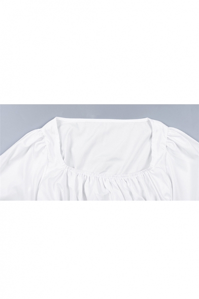 Summer New Trendy Plain Square Neck Long Sleeve Frill Detail White Blouse Top