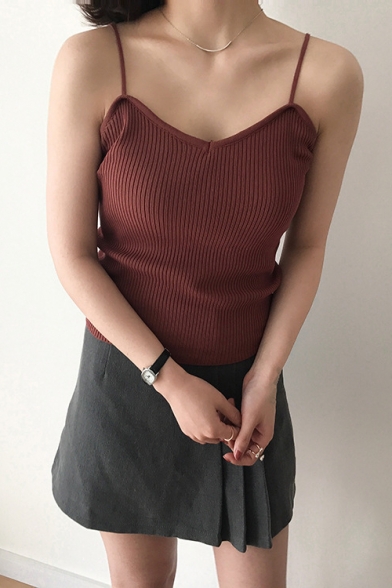 Summer Simple Plain Sleeveless V Neck Sexy Fitted Knitted Cami Top