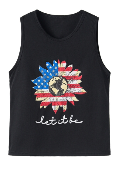 Summer Sleeveless Scoop Neck Letter Flag Floral Printed Fitted Tank Tee