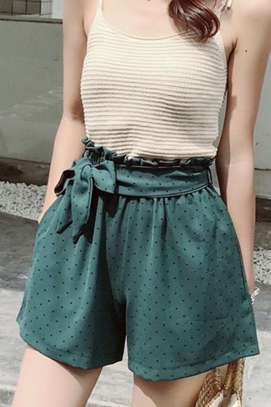 Summer Sweet Cute Paperbag Waist Bow-Tie Polka Dot Printed Loose Wide Leg Shorts