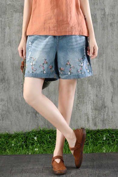 Summer Sweet Womens Floral Embroidered Drawstring Waist Distressed Wide Leg loose Denim Shorts
