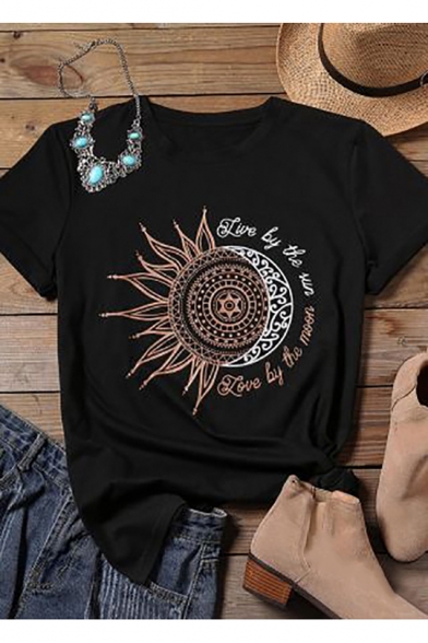 Summer Trendy Letter Sun Flower Printed Short Sleeve Leisure T-Shirt