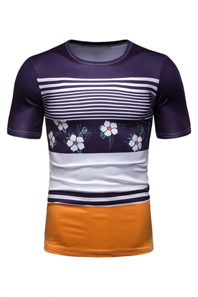 Summer Trendy Round Neck Short Sleeve Coloblock Striped Floral Printed Slim Fit T-Shirt