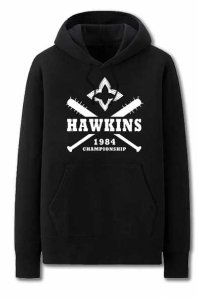 Trendy Letter Hawkins Championship 1984 Graphic Printed Black Casual Pocket Hoodie