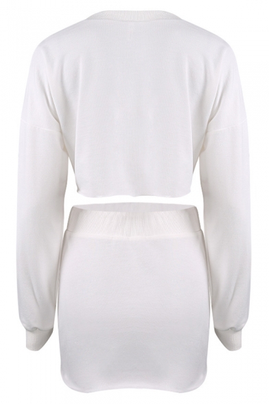 Trendy Long Sleeve Round Neck Cropped Sweatshirt with Elastic Waist Mini Skirt Solid Color Loose Co-ords