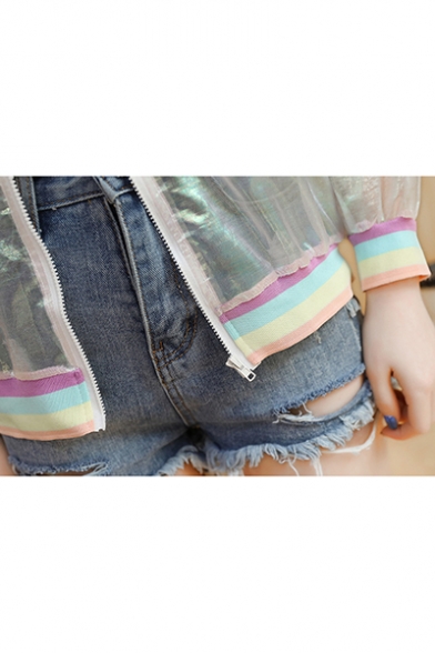 Unique Rainbow Striped Trim Stand Collar Transparent Sunscreen Zip Up Jacket