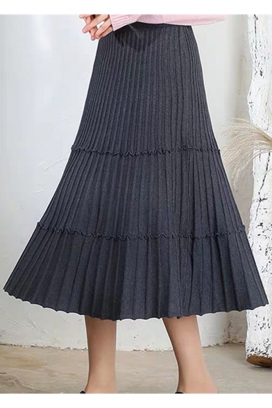 Women's Elastic High Waist Pure Color Knit Ruffle Mid-Length A-Line Skirt