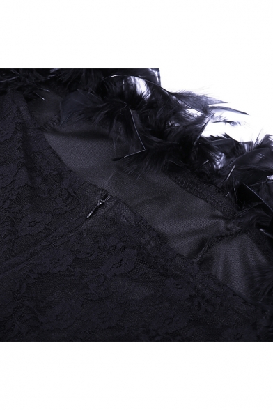 Women's Fashion Boat Neck Sleeveless Panelled Hybrid Tiered Feather Maxi Flare Dress