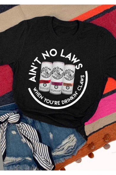Women's New Arrival Short Sleeve Round Neck Letter AIN'T NO LAWS Printed Black Tee