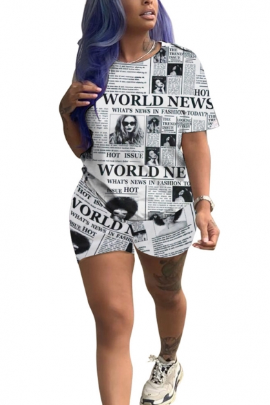 Womens Casual New Newspaper Print Short Sleeve Round Neck Tee with Shorts Co-ords