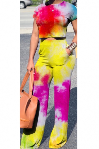 Womens Chic Colorful Tie Dye Painting Short Sleeve Crop Tee with Fitted Pants Two-Piece Co-ords