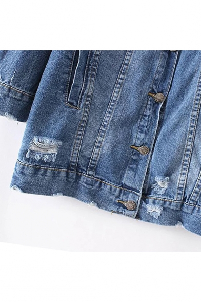 Womens Classic Blue Distressed Ripped Long Sleeve Button Down Denim Jacket Coat