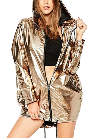 Womens Cool Unique Metallic Color Long Sleeve Waterproof Hooded Zip Up Coat