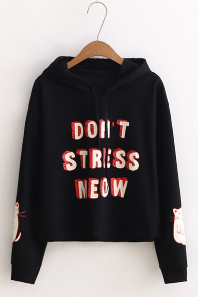 Womens DON'T STRESS MEOW Letter Animal Printed Long Sleeve Casual Loose Sweet Cute Hoodie for Women