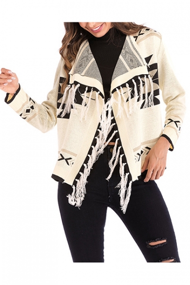 Womens Fashion Geo-Tribal Print Tassel Hem Long Sleeve Cardigan Coat