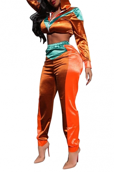 Womens Fashion Patchwork Print Hooded Long Sleeve Zipper Crop Coat Elastic Pants Sport Co-ords