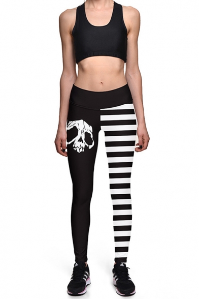 Womens High Waisted Black&White Striped Skull Print Full Length Leggings