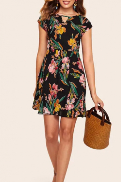 Womens Hot Popular Floral Leaf Printed Cap Sleeve Mini A-Line Dress