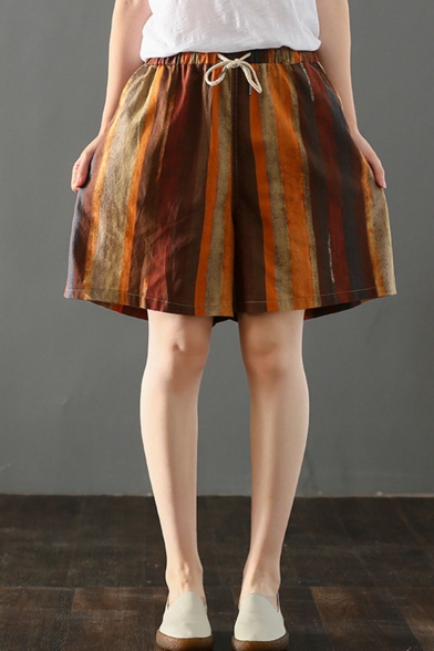 Womens Hot Stylish Vintage Drawstring Waist Vertical Stripe Cotton Linen Casual Loose Bermuda Shorts
