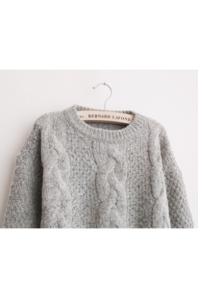 Womens Lovely Plain Cable Knit Round Neck Long Sleeve Sweater