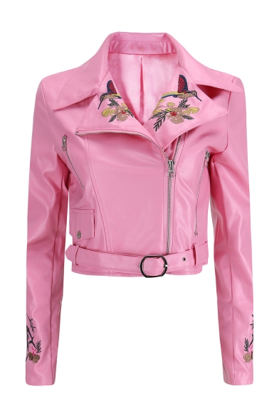 Womens New Stylish Fancy Bird Floral Embroidery Lapel Collar Long Sleeve Belted Hem Cropped Zip Up PU Biker Jacket
