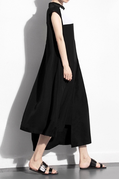 Womens New Trend Stand collar Sleeveless Color Block Asymmetrical A-Line Black Maxi Dress