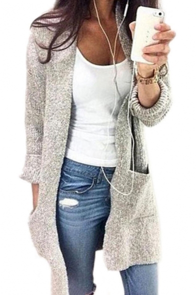 Womens New Trendy Simple Plain Open Front Longline Knitwear Cardigan with Pocket