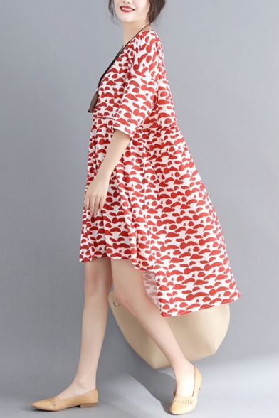 Womens Plus Size Fashion Red Pattern Dipped Hem Midi Chiffon Swing Dress