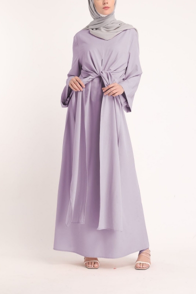 Womens Round Neck Long Sleeve Bow-Tied Wait Convertible Plain A-Line Maxi Dress