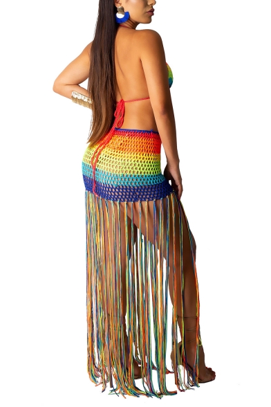 Womens Sexy Swimming Rainbow Stripes Print Knit Mesh Bustier Top with Long tassel lace Skirts Co-ords