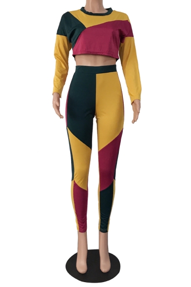 Womens Stylish Color Block Long Sleeve Crop Top with Skinny Fit Two-Piece Set