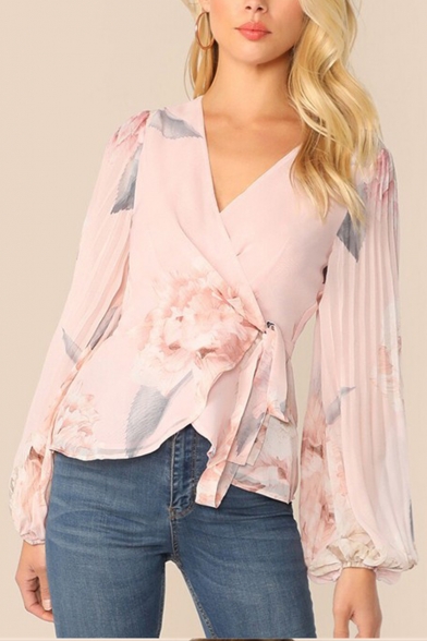 

Womens Stylish Elegant Floral Pattern V-Neck Blouson Long Sleeve Bow Tied Leisure Pink Blouse Top, LM555725