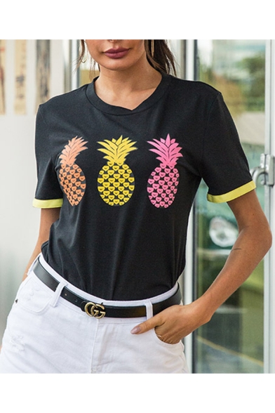 Womens Summer Short Sleeve Round Neck Pineapple Printed Relaxed Balck Tee
