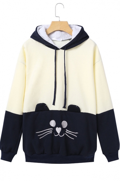 Womens Sweet Cute Style Long Sleeve Animal Embroidered Colorblock Patch Bow Back Casual Hoodie