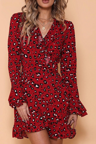 Womens Trendy Red Leopard Printed V-Neck Long Sleeve Mini Ruffled Dress