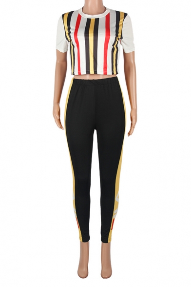 Womens Trendy Vertical Stripe Printed Short Sleeve Crop Tee with Slim Fit Pants Two-Piece Co-ords