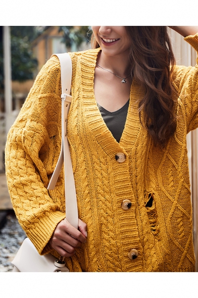 Womens Yellow Plain Long Sleeve Open-Knit Shredded Button Open Front Cardigan