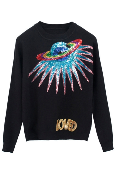 

Autumn Winter UFO LOVED Letters Sequined Print Round Neck Long Sleeve Sweater for Women, Black;blue;white, LM558546