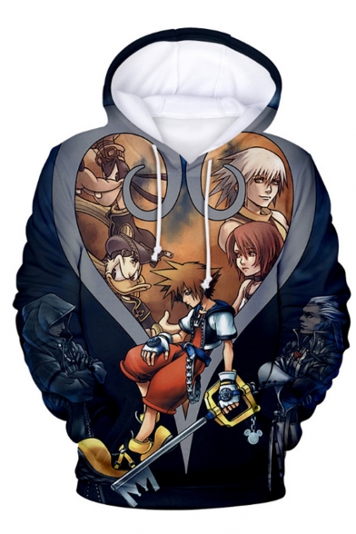 comic anime character 3d printed navy long sleeve drawstring hoodie