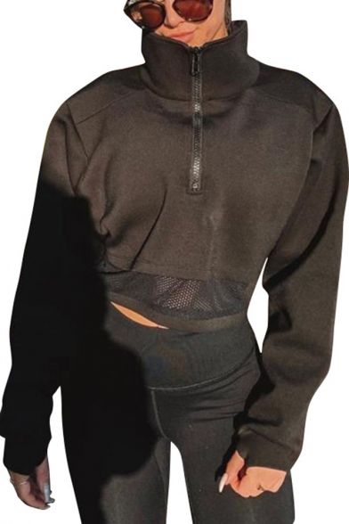 Black Long Sleeve Stand Collar Zip Front Mesh Patch Cool Unique Cropped Sweatshirt