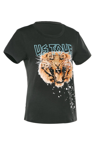 Black Round Neck Short Sleeve US TOUR Letter Tiger Printed Leisure T Shirt