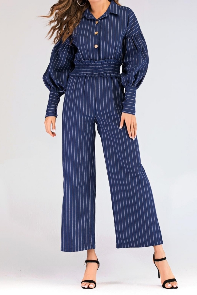 Blue Elegant Long Sleeve Stand Collar Elastic Waist Button Front Casual Loose Striped Jumpsuits