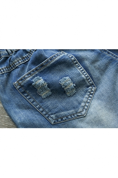 Blue Vintage Drawstring Cord Rolled Hem Distressed Butterfly Embroidered Straight Denim Shorts