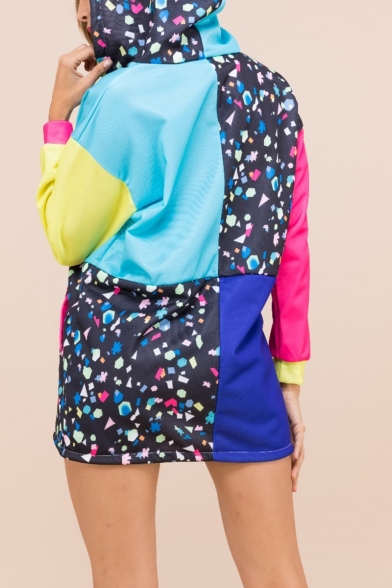 Casual Color Block Geometric Printed Zipper Drawstring Hem Hooded Long Coat