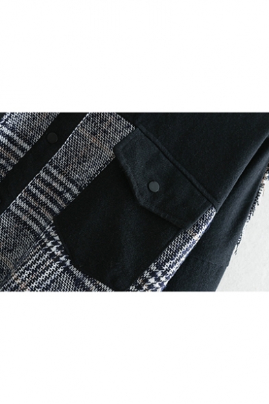 Check Plaid Panel Lapel Collar Chest Pockets Long Sleeve Raw Edges Regular Fit Denim Jean Jacket