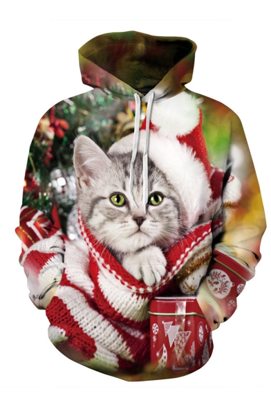 Christmas New Fashion Cartoon Cat 3D Printed Long Sleeve Drawstring Hooded Red Casual Loose Hoodie