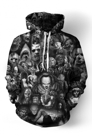 Cool Fashion Clown Skull Ghost 3D Printed Long Sleeve Unisex Black Loose Hoodie