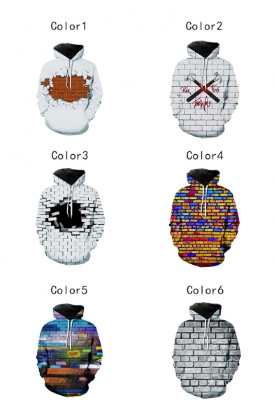 Creative Fashion Brick 3D Printed Long Sleeve Loose Fit Casual Drawstring Pullover Hoodie