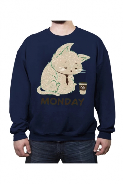 Cute Cartoon Cat Letter MONDAY Printed Men's Round Neck Casual Sweatshirt